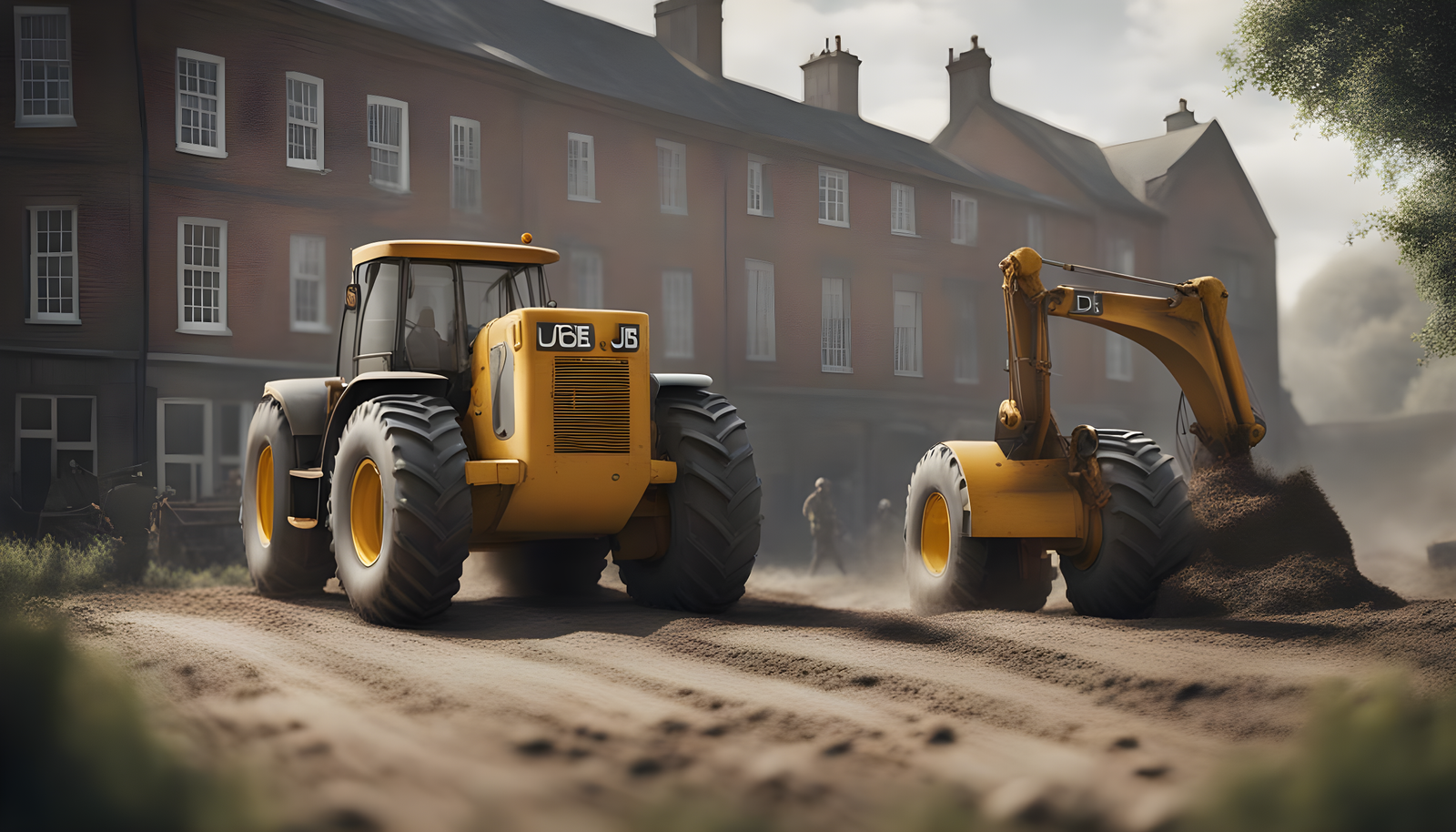 backhoe loader standing right of the old factory giving old vibe